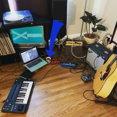 Amy’s home studio: keyboard, guitar and laptop